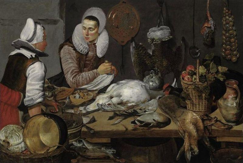 unknow artist A Kitchen Interior with a Maid and a Lady Preparing Game, oil on canvas painting attributed to Frans Hals, 1625-1630 oil painting picture
